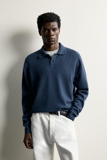 WOOL BLEND RELAXED FIT KNIT POLO SHIRT - Mid-blue by Zara