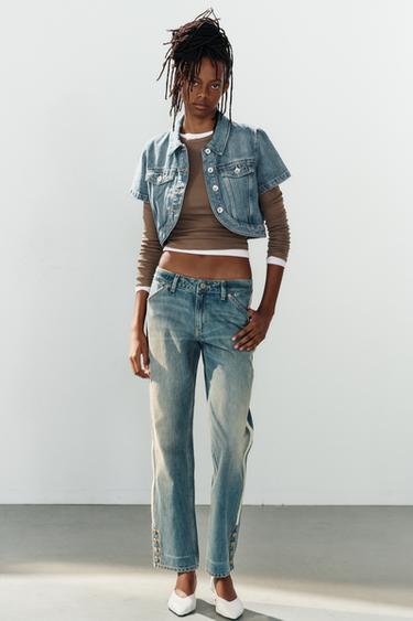 JEANS TË DREJTA DENIM TRF ME SHIRITA ANËSORË SHTRAT I MESËM - E kaltër nga Zara - Imazh 0