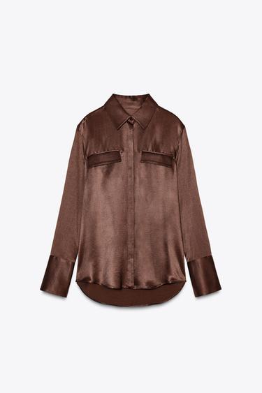 ZW COLLECTION SATIN SHIRT WITH POCKETS - Dark brown by Zara - Image 0