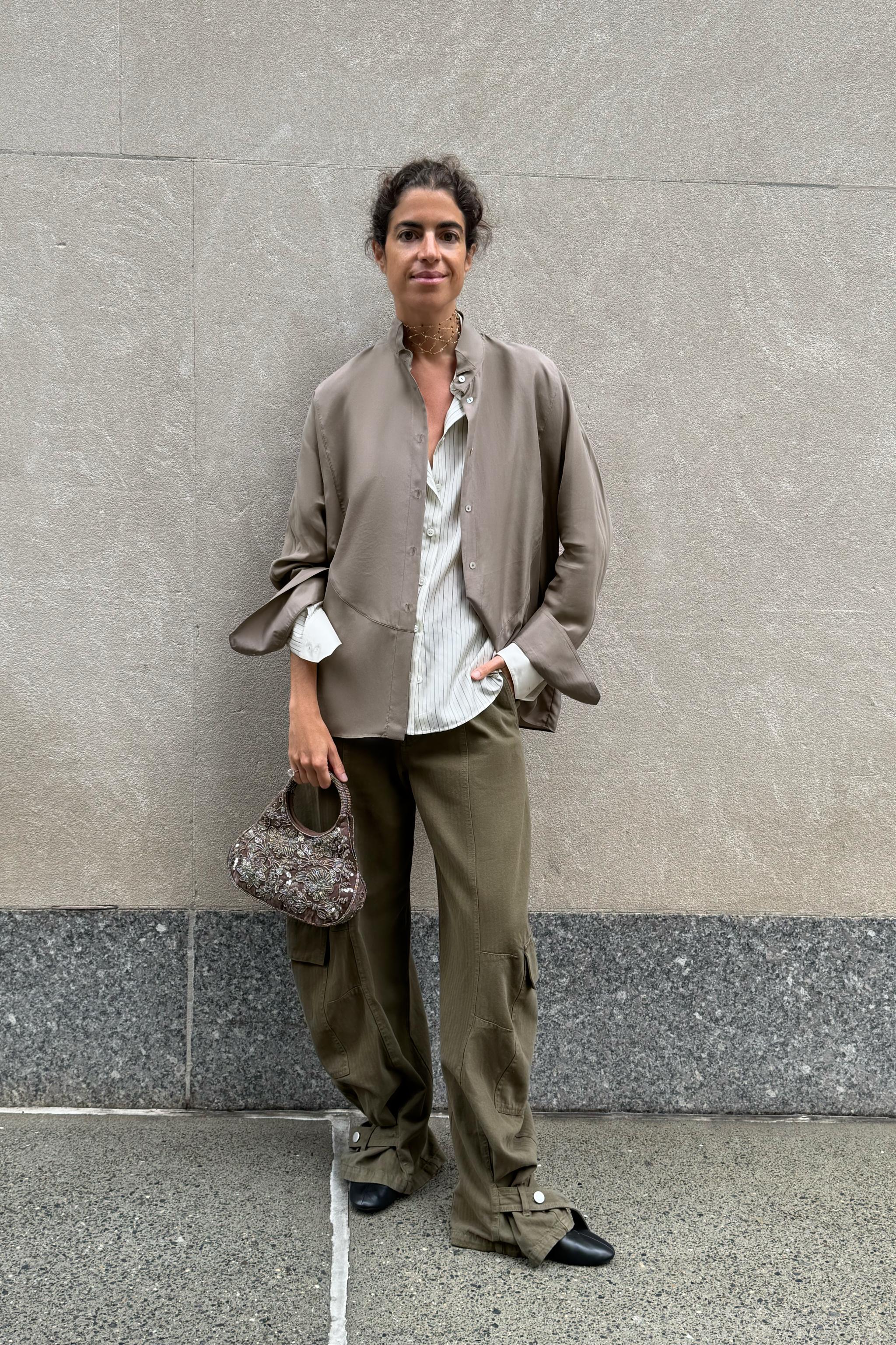 ZW COLLECTION 100% SILK STRIPED SHIRT — Ecru / Black