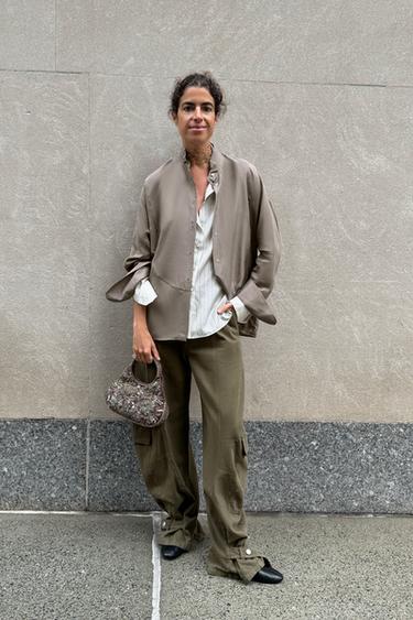 Zara ZW COLLECTION 100% 絲質條紋襯衫 - 裸色 / 黑色 - 圖片 0