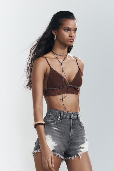 HIGH-WAIST CURVED DENIM SHORTS - Light grey by Zara