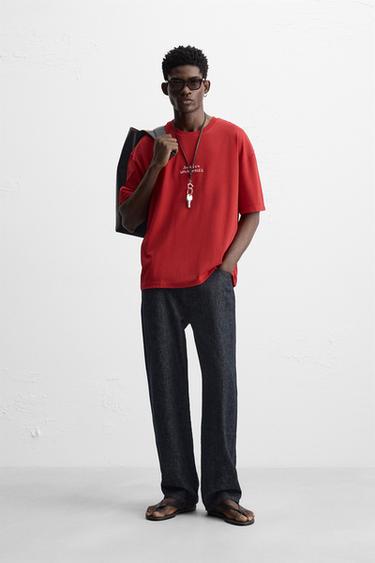 Zara PRINTED TEXT T-SHIRT - Red - Image 0