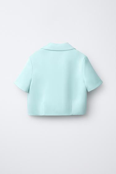 BLAZER SATINÉE COURTE À FLEURS ET FANTAISIE - Bleu / Vert de Zara - Image 1