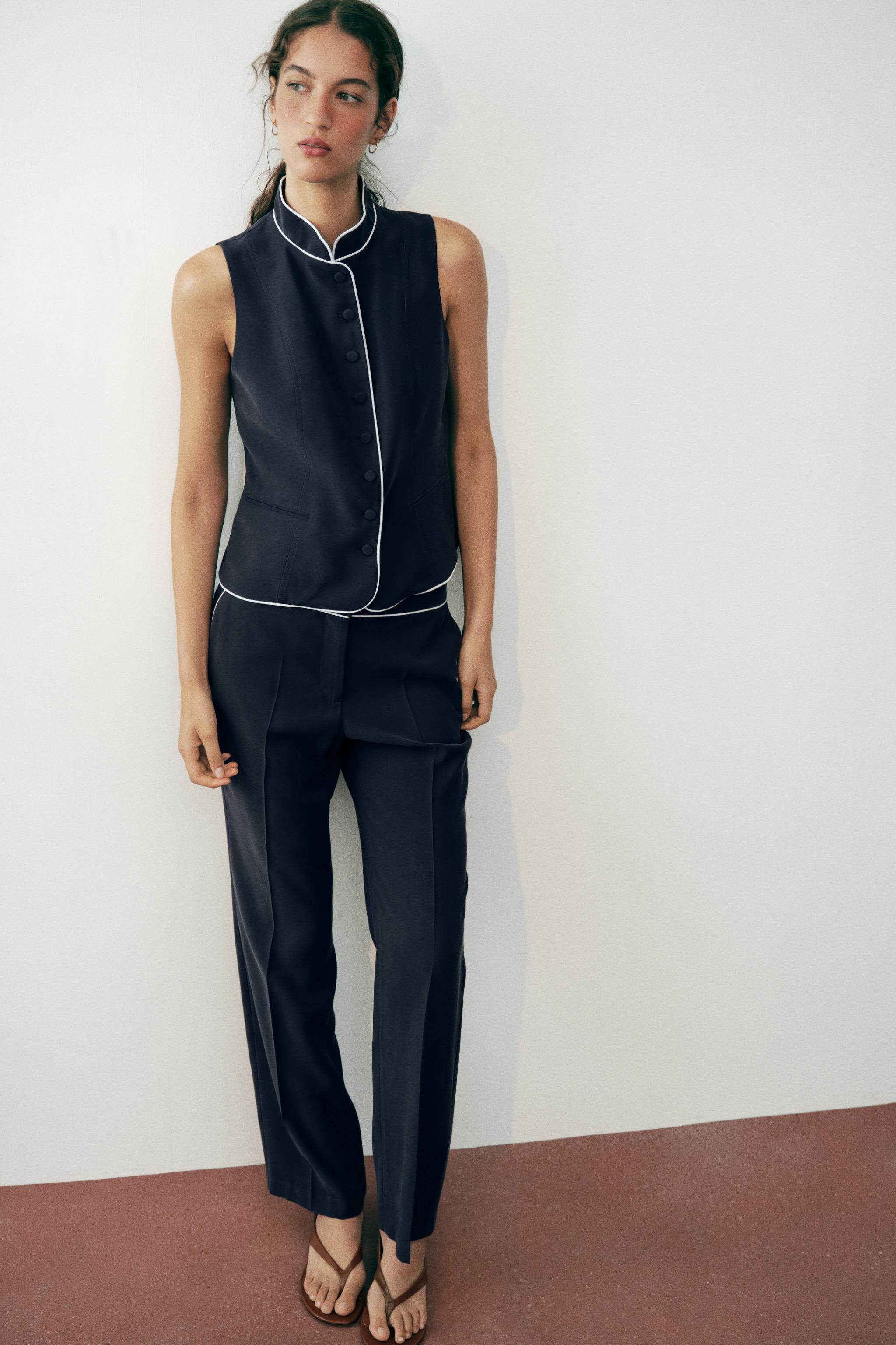 CONTRAST PIPING PANTS — Navy blue