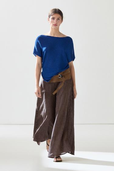 Zara Striped flowing linen blend skort - Navy blue - Image 0