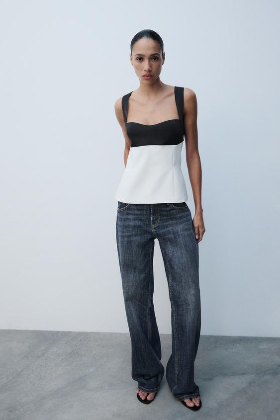 TOP ELÁSTICO COMBINADO LAZADA - Blanco de Zara - Imagen 0