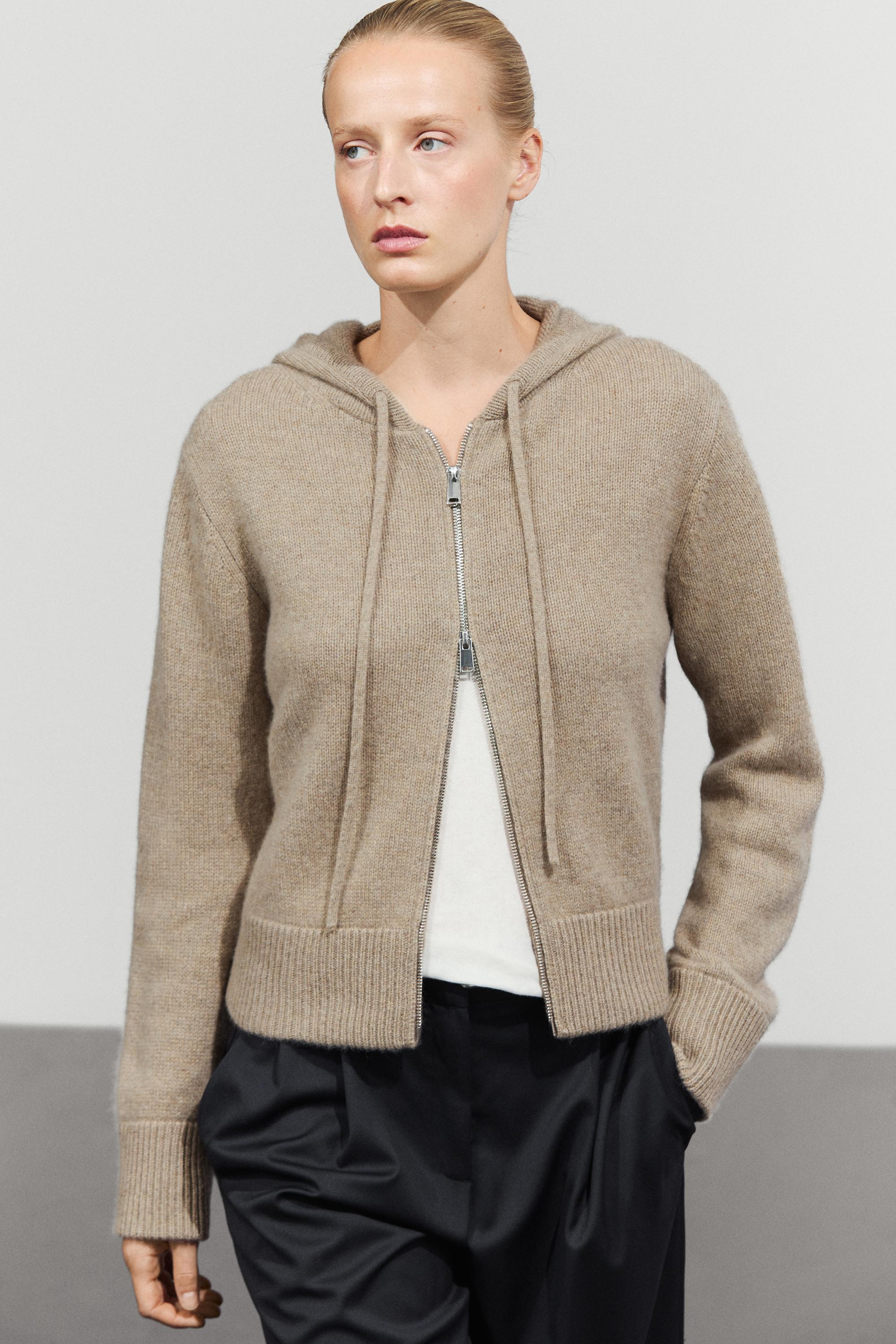 100% cashmere hooded zip-up cardigan