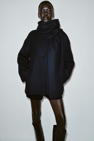 MANTEAU COURT ÉCHARPE AVEC LAINE - Bleu marine de Zara