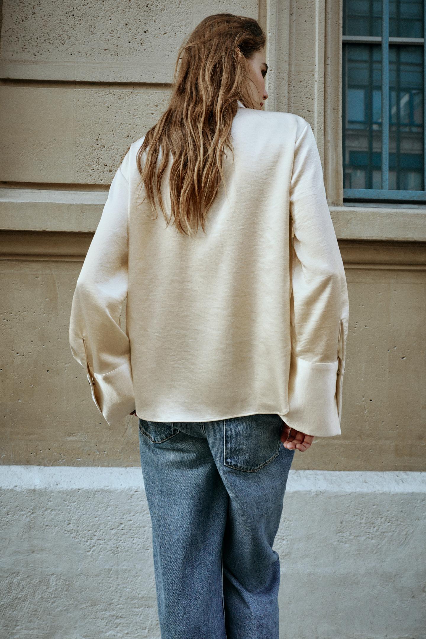 Женская рубашка Zara Satin Shirt with Jewel Buttons, цвет: Экрю — фото 5