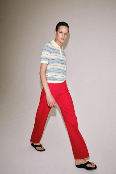 STRIPED KNIT POLO SHIRT - Ecru / Blue by Zara - Image 4