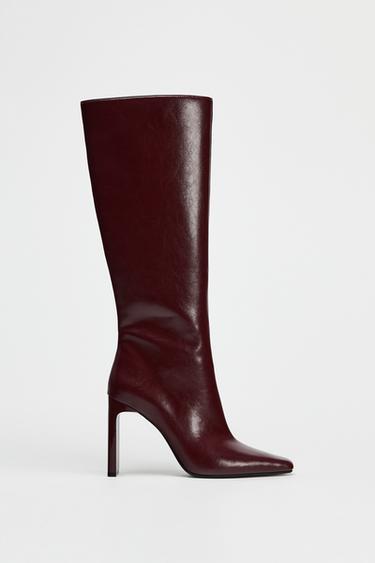 Zara HIGH HEEL OVER THE KNEE BOOTS - Burgundy Red