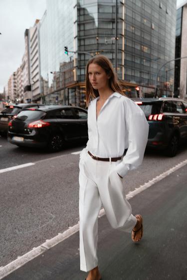 CROPPED TROUSERS WITH DARTS AND BELT - Oyster-white by Zara