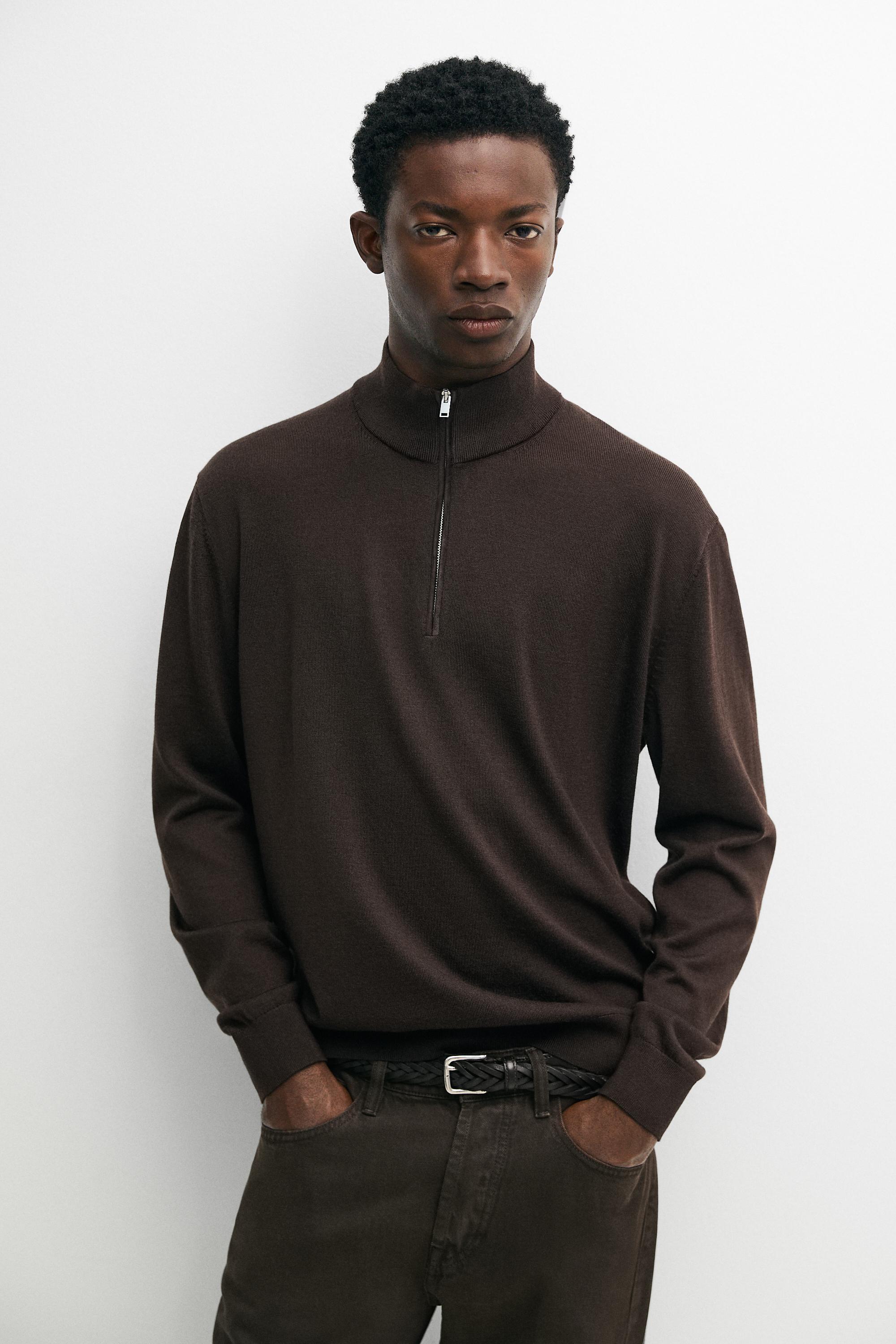 Merino wool blend mock neck knit sweater — Brown