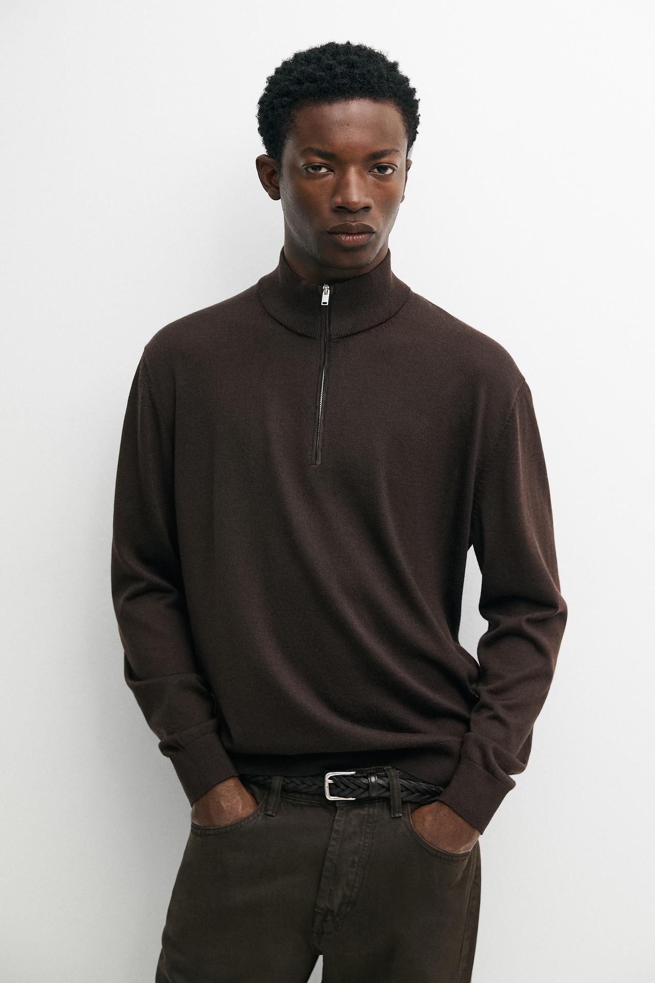 Merino wool blend mock neck knit sweater — Brown
