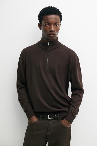 Merino wool blend mock neck knit sweater — Brown 2