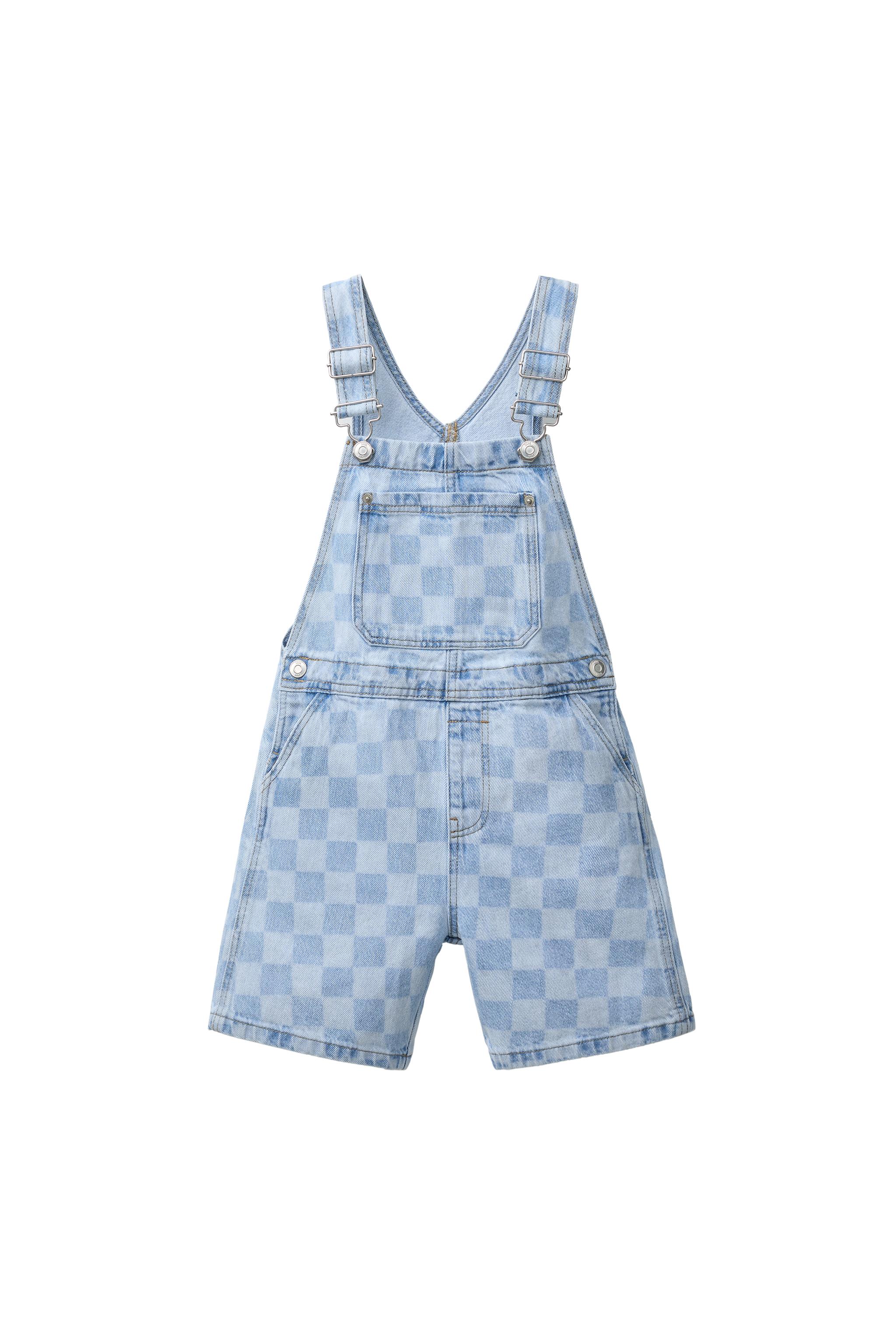 ショート丈チェック柄デニムオーバーオール - ライトブルー | ZARA