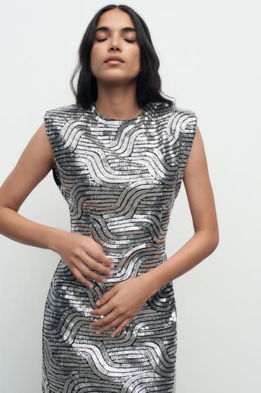ROBE MI-LONGUE À PAILLETTES - Argent de Zara - Image 1