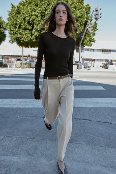 CROPPED TROUSERS WITH DARTS AND BELT - Light camel by Zara