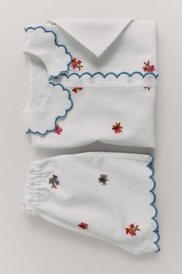 4-10 YEARS/ EMBROIDERED FLORAL PYJAMAS WITH COTTON AND LINEN - Ecru / Marl by Zara