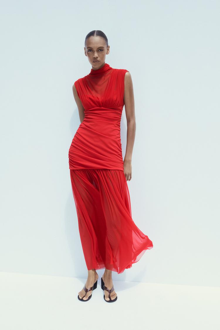 Maxi Skirt Red Tulle Skirt Zara CONTRAST TULLE MIDI DRESS Red ZARA