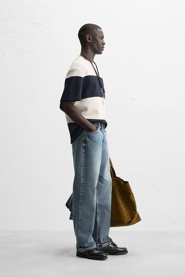 T-SHIRT PIQUÉ COMPACT - Blanc / Bleu marine de Zara - Image 3