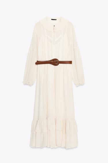 COTTON GAUZE DRESS WITH BELT - Butter by Zara