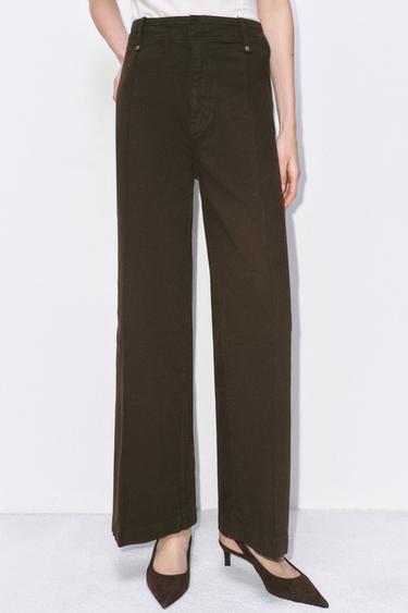 Zara ZW COLLECTION WIDE-LEG 高腰寬管牛仔褲 - 巧克力色