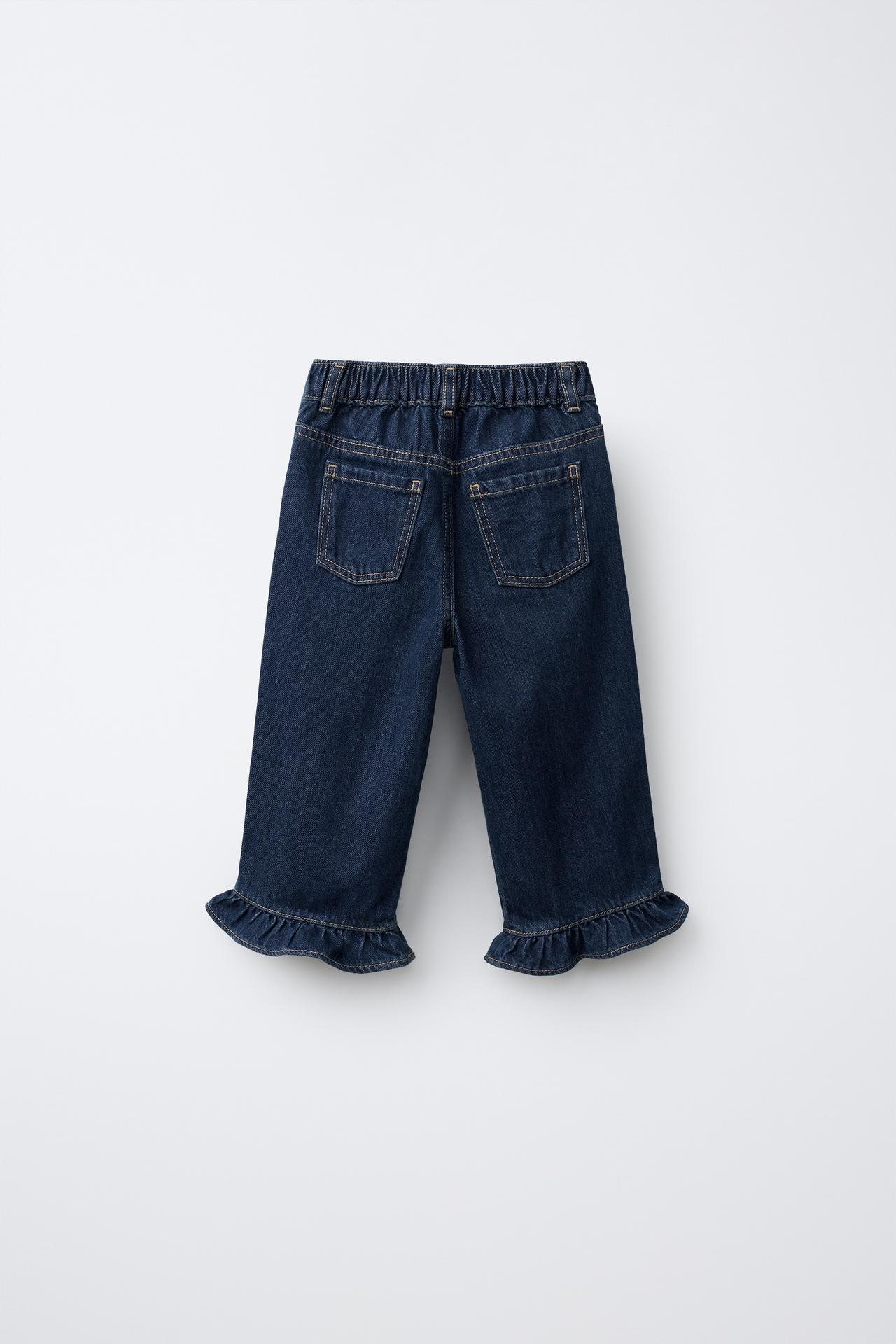 STRAIGHT LEG RUFFLED JEANS — Blue