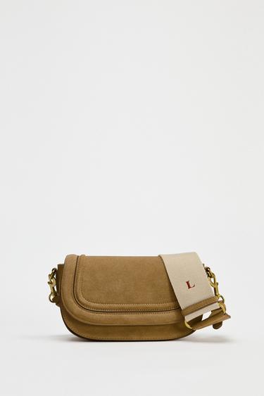 Zara SPLIT LEATHER CROSSBODY BAG - Beige