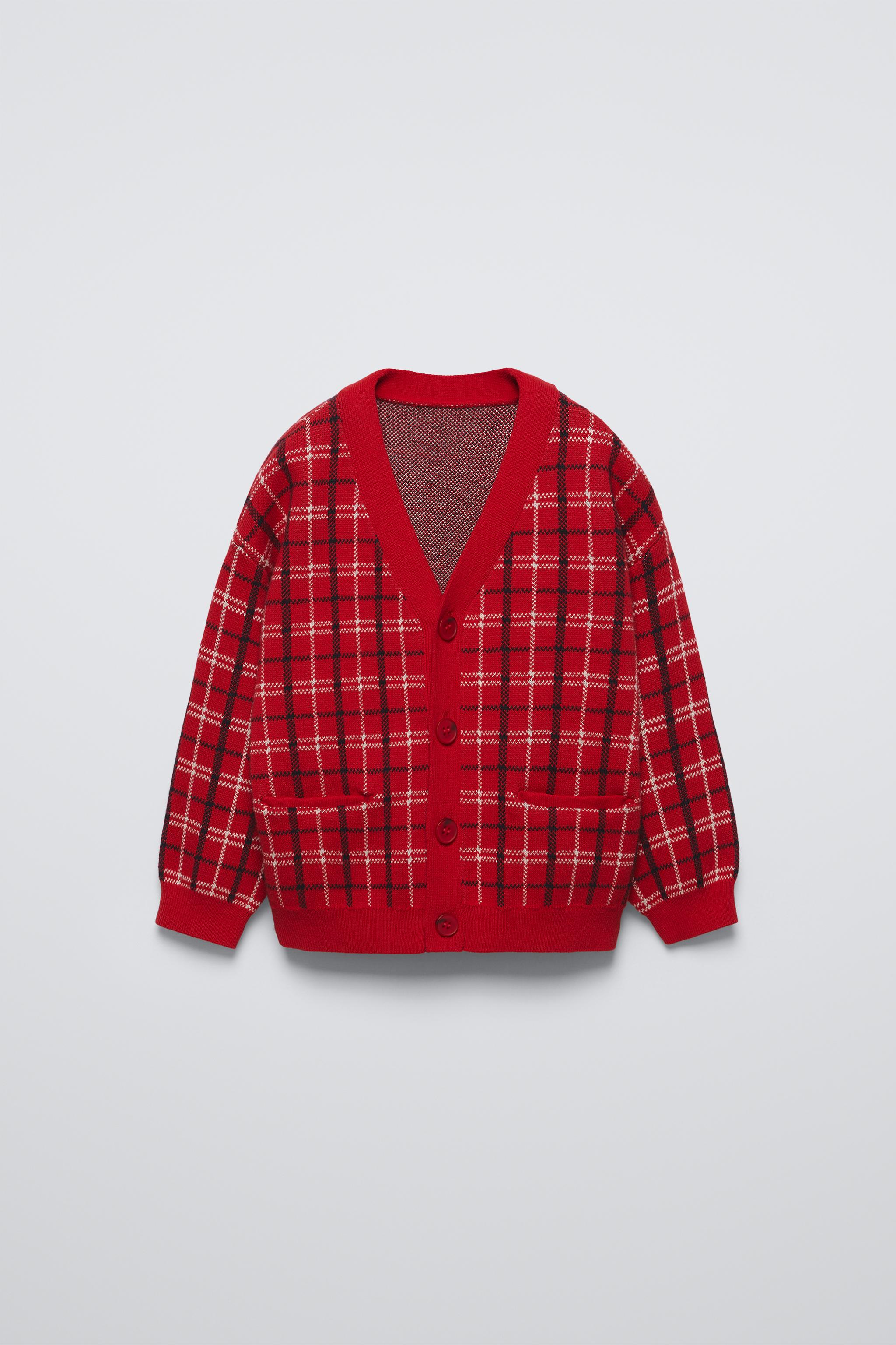 Zara Knit Red sale Black Plaid Long Sleeve Button Front Cardigan Sweater