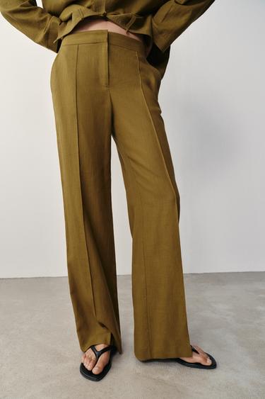 Zara LINEN STRAIGHT LEG PANTS - Oil