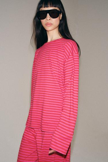 T-SHIRT GARIS KATUN & LINEN - Pink / Ungu lembut dari Zara