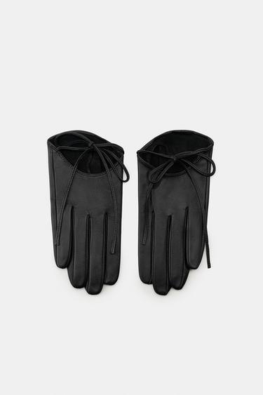 Zara LEATHER GLOVES WITH TIE - Black