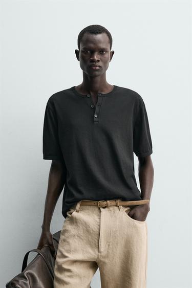 KNIT HENLEY T-SHIRT - Black by Zara