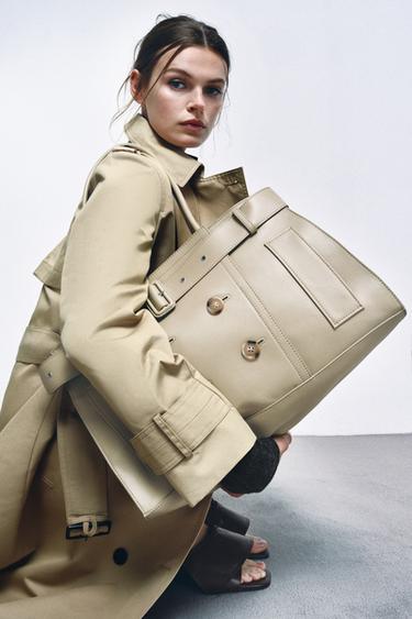 Zara LEATHER CITY BAG WITH BELT DETAIL - Beige