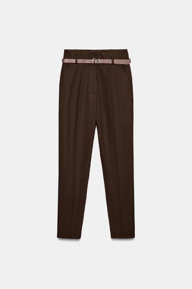 PANTALONI A VITA ALTA CON CINTURA - Marrone di Zara