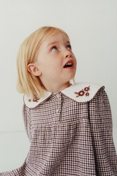 CHECK TEXTURED DRESS WITH EMBROIDERED COLLAR - Dark pink by Zara