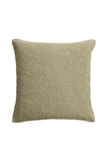 FLORAL EMBROIDERED COTTON CUSHION COVER - Green by Zara