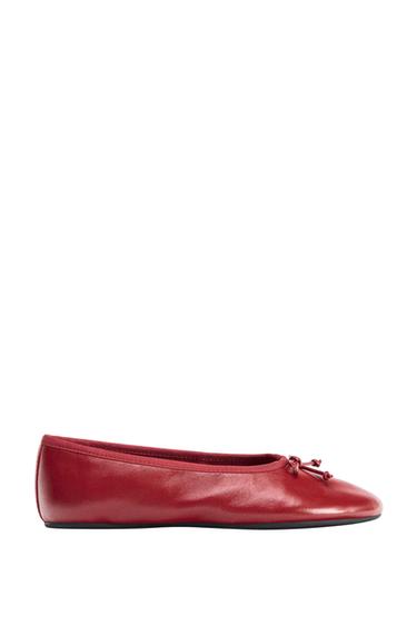 LEATHER BOW BALLET FLATS - Red by Zara