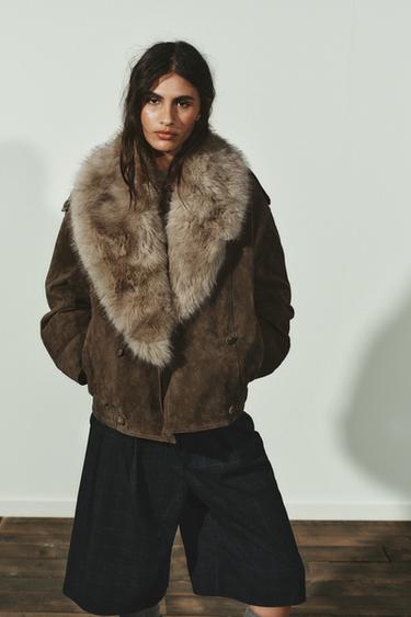 100% SHEEPSKIN SUEDE LEATHER JACKET - Khaki by Zara