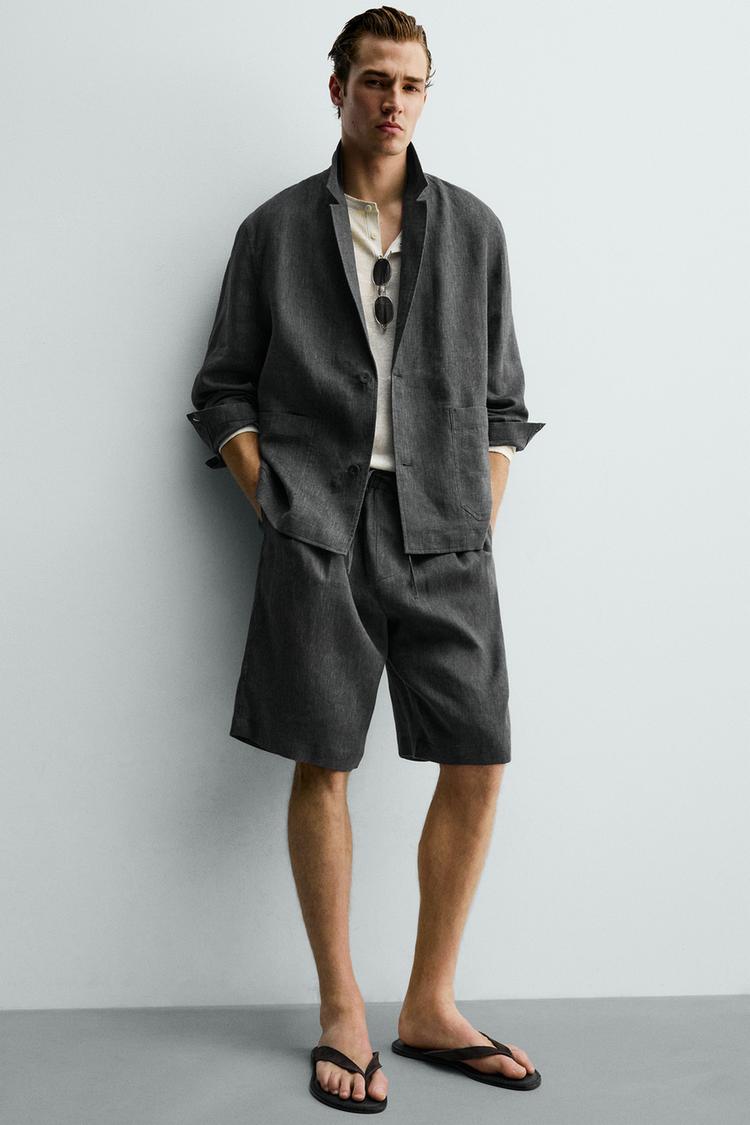 ZARA PLEATED 100% LINEN BERMUDA SHORTS
