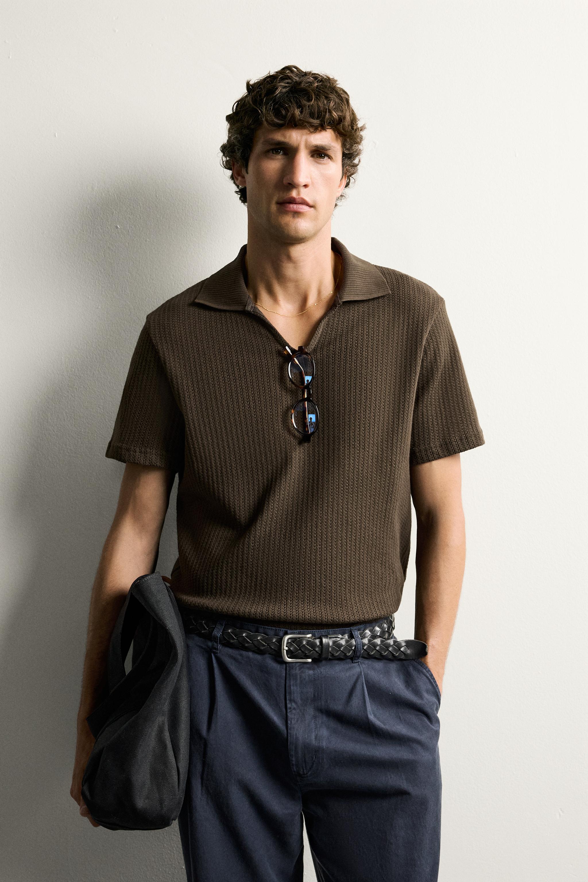 REGULAR FIT OPEN-KNIT POLO — Brown