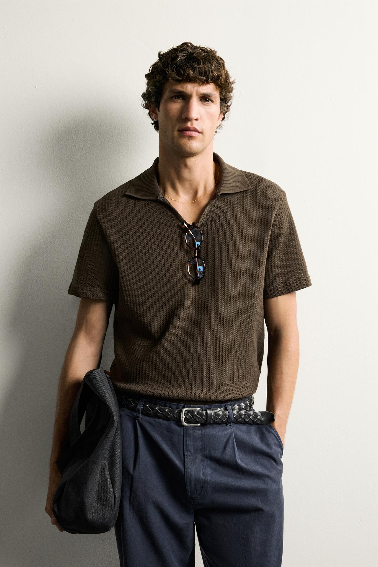 REGULAR FIT OPEN-KNIT POLO — Brown