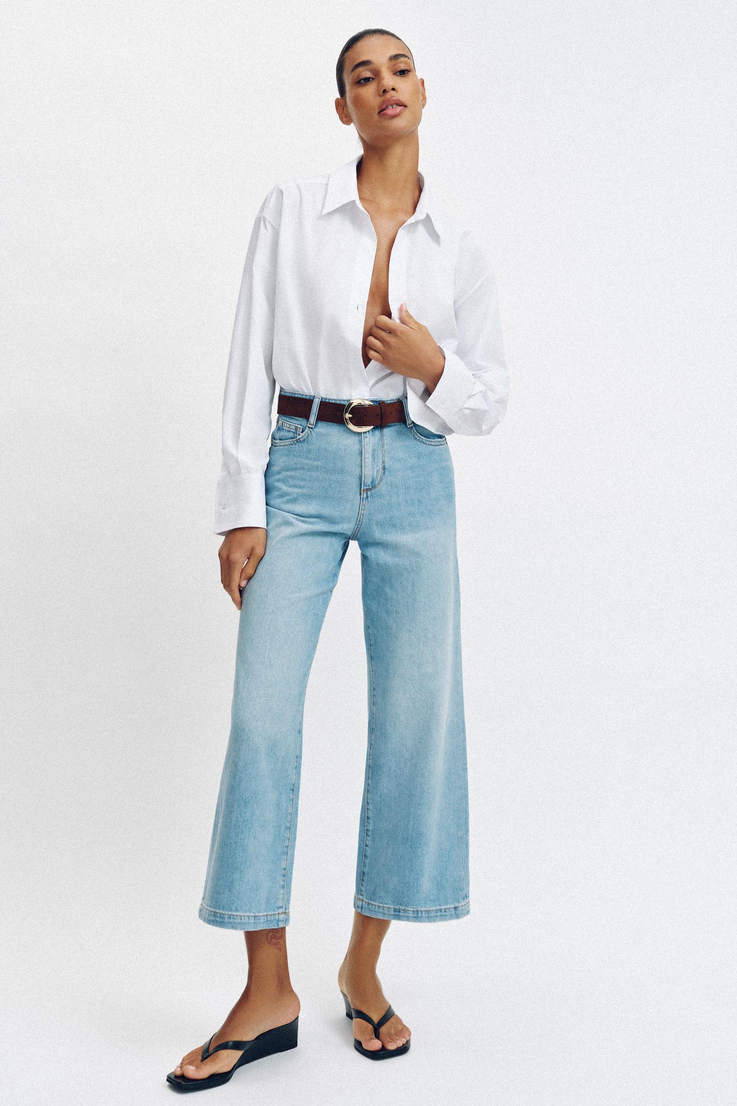 Женские джинсы Zara High-Waisted Wide Leg Cropped Belted, цвет: Светлый синий — фото 1