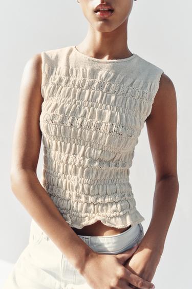 SMOCKED KNIT TOP - Ecru by Zara - Image 1