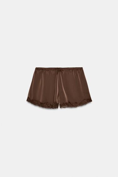 SHORT MINI SATINÉ DENTELLE - Marron foncé de Zara - Image 4