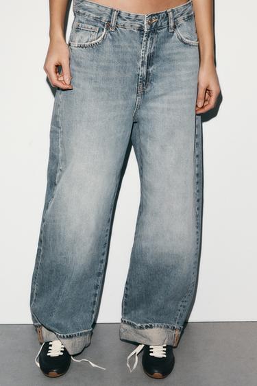 Zara TRF MID-RISE FOLDED BAGGY JEANS - Blue