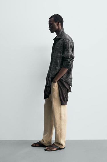 CHEMISE À CARREAUX LIN-COTON - Gris anthracite de Zara - Image 3