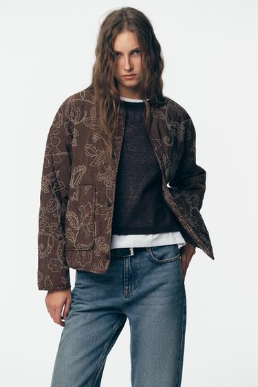 RUBBERISED EMBROIDERED PUFFER JACKET - Brown by Zara - Image 1